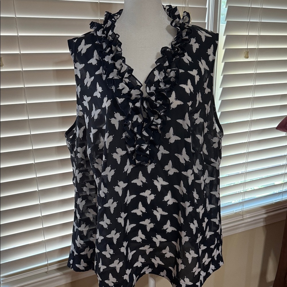 Navy and White Butterfly Print Women's Top